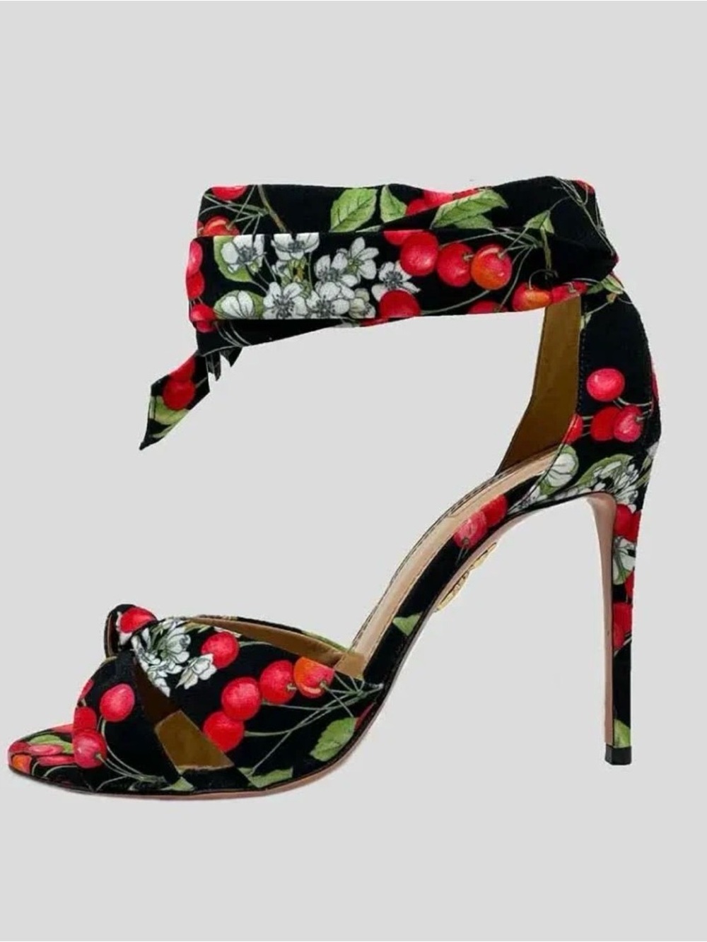 Aquazzura Black Floral Cherry Ankle-Tie Heels